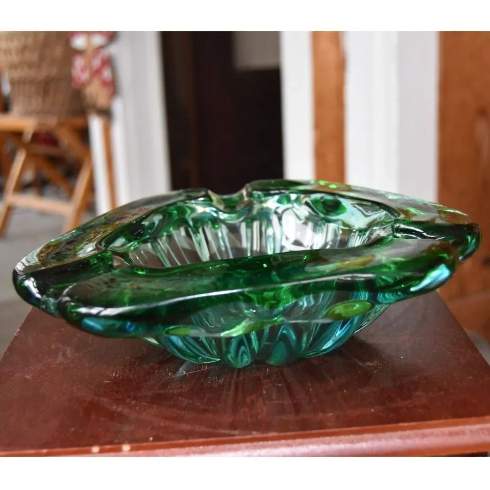 Vintage MCM Emerald Green Art Glass Ashtray Bowl Freeform 9” Heavy 3.3 lb
